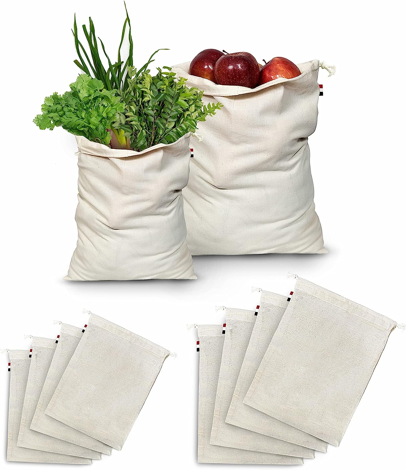 Set of 10 Cotton Muslin Fridge Storage Bags for Vegetables and Fruits