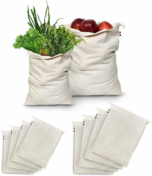 Set of 10 Cotton Muslin Fridge Storage Bags for Vegetables and Fruits