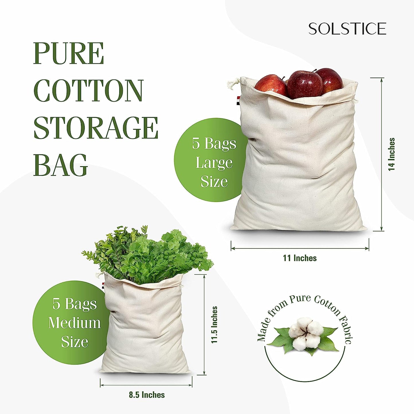 Set of 10 Cotton Muslin Fridge Storage Bags for Vegetables and Fruits