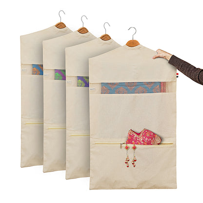 Pack of 4 Hanging Cotton Saree Covers with Zip 30x18 Inch with Pocket for Blouse